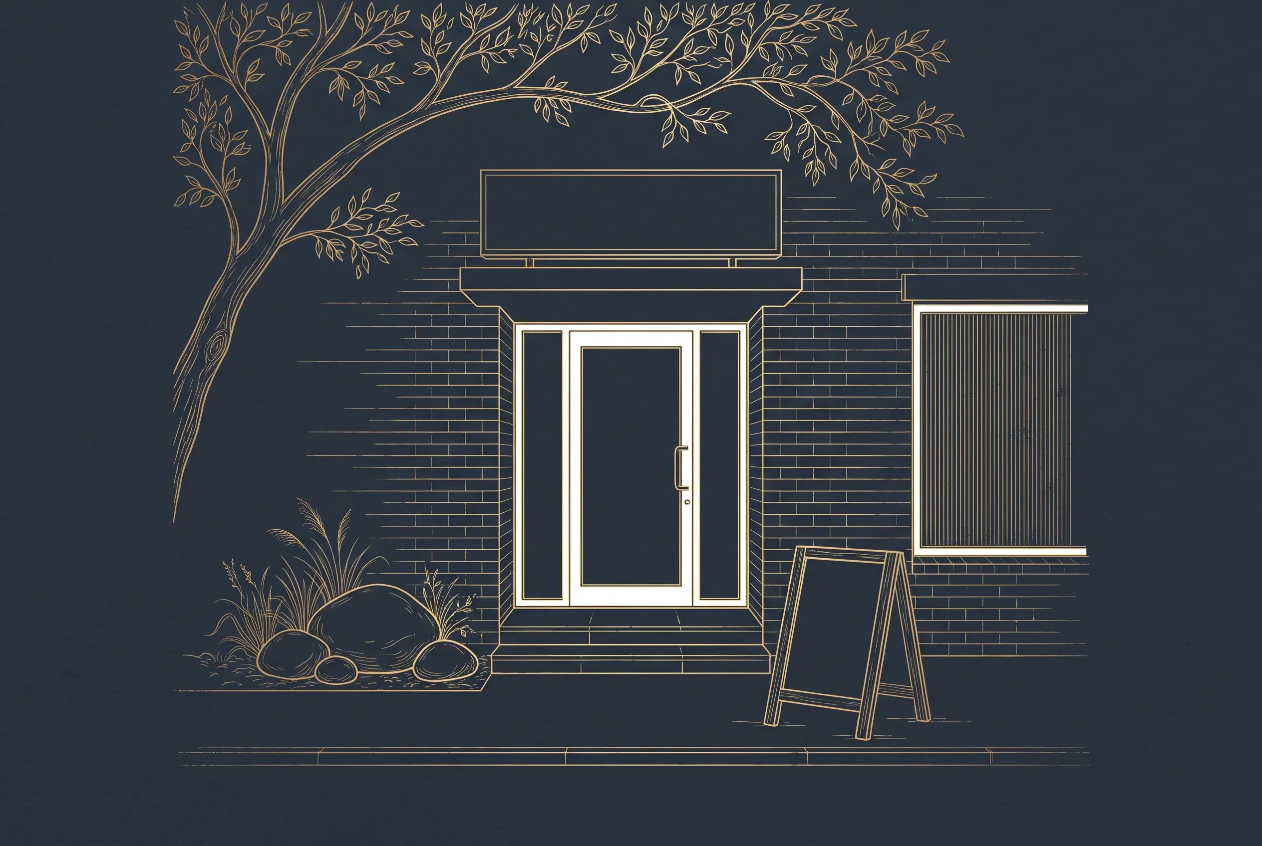 Gold line drawing of the entrance to Marianne's at 31 Kurilpa St, with a tree, an A-frame sign and three rocks