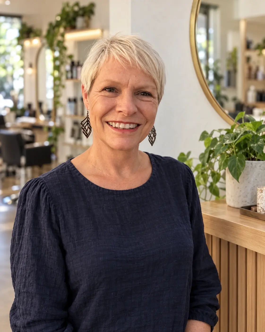 Marianne smiling, with short silver hair and a navy blouse